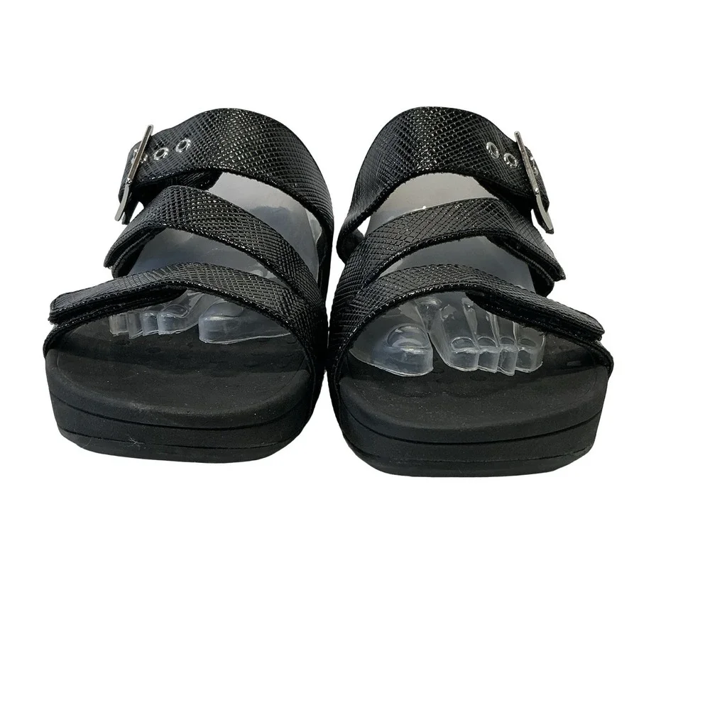 Vionic‎ Sandals Womens Size 11 Black Rio Lizard Skin Slide Buckle Casual Wedge